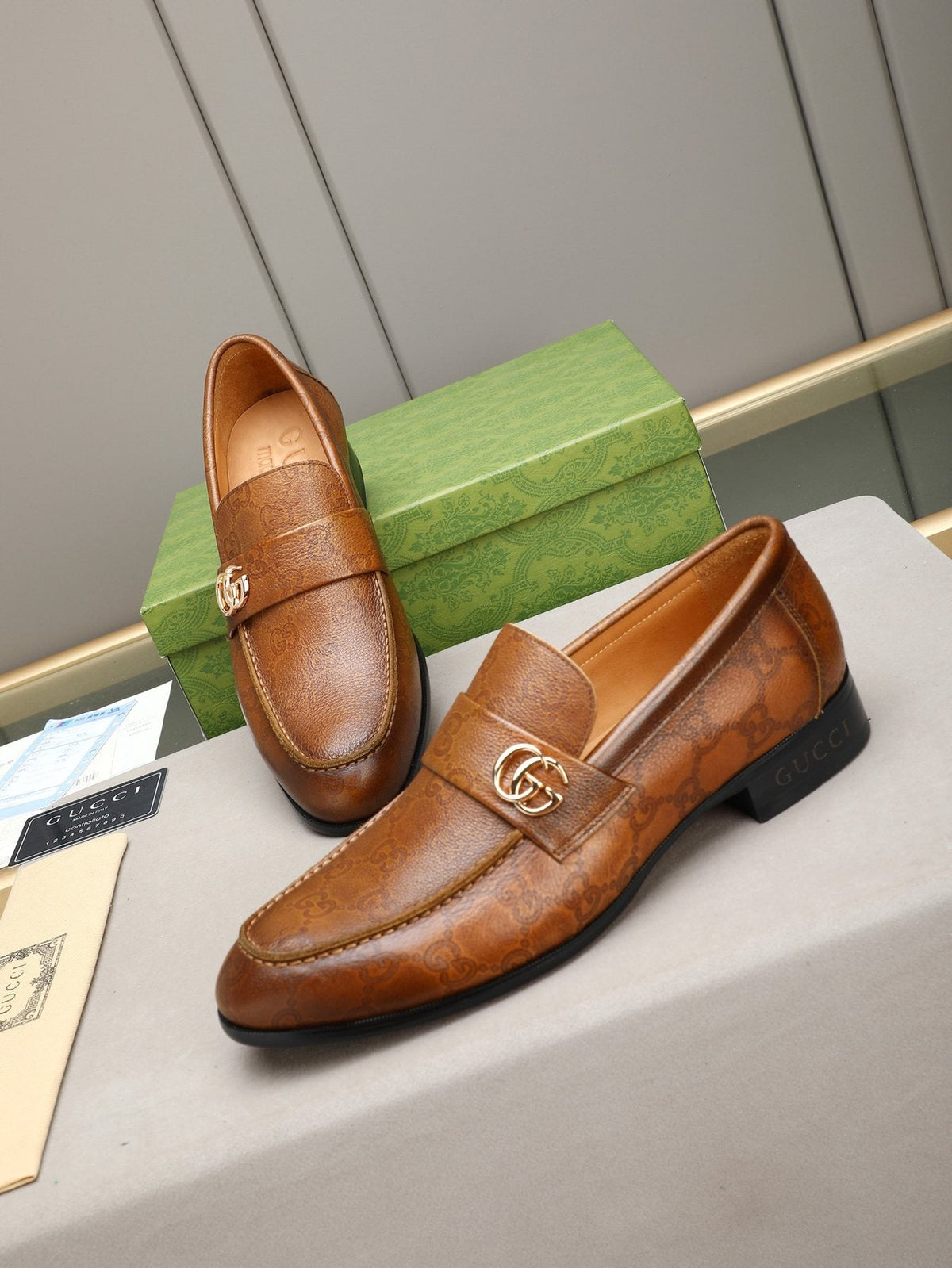 Gucci Brown Monogram Hardware Loafers