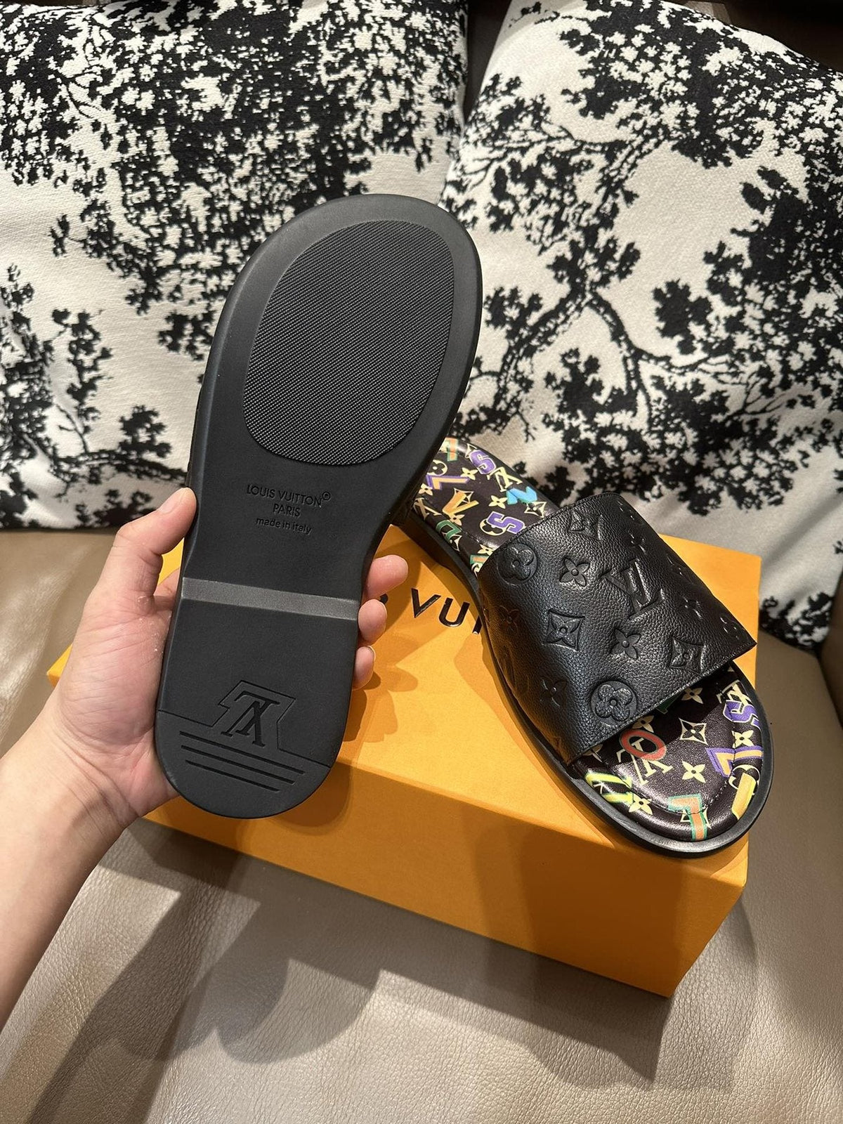 Louis Vuitton Black Embossed Slide Sandals - Open Toe