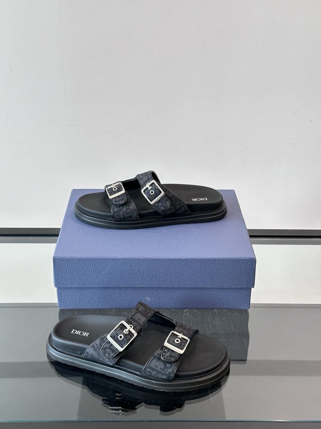 Dior Men's Buckle Strap Slide Sandals - Black and Charcoal Gray