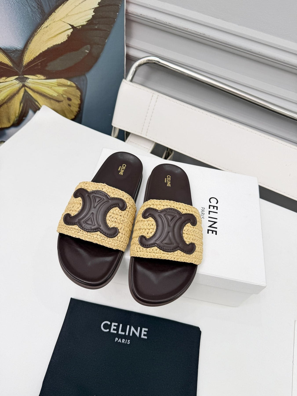Celine Woven Emblem Slide Sandals
