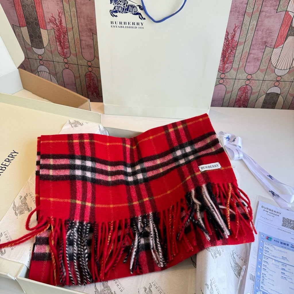 Burberry Red Plaid Fringed Scarf
