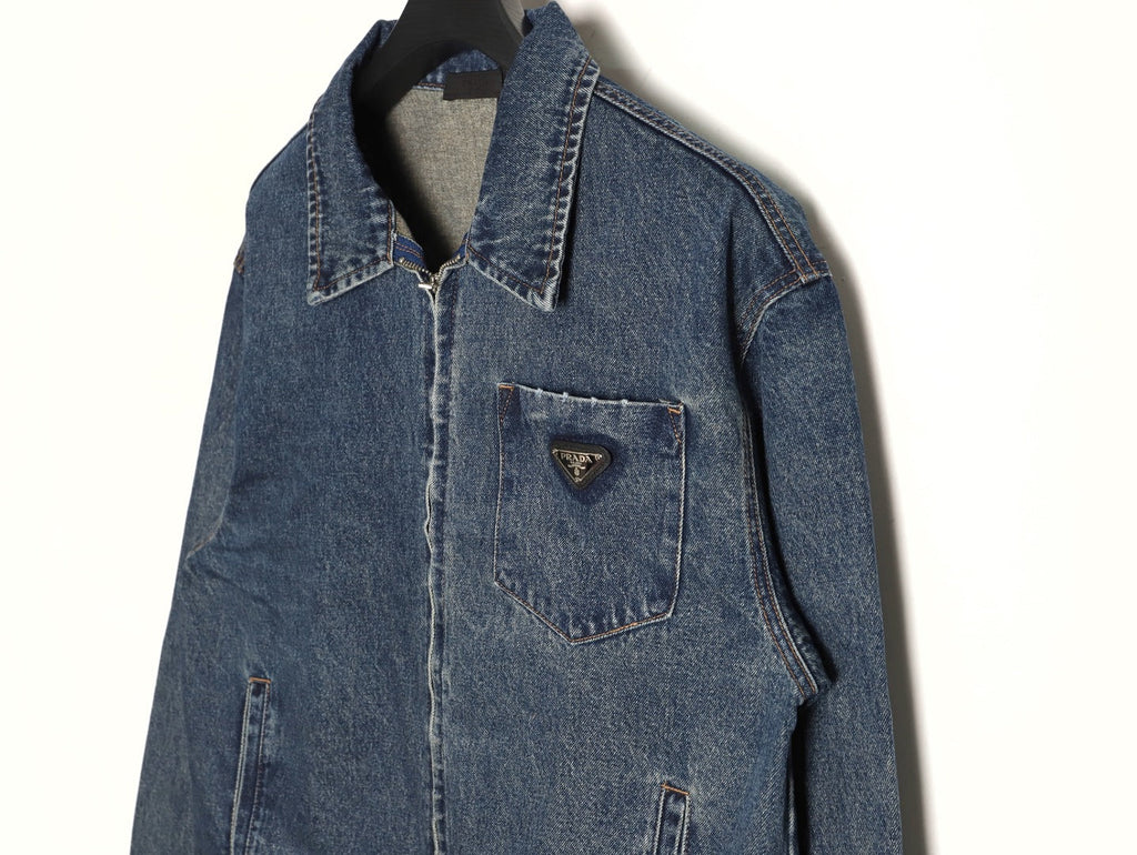 Prada Triangle-Logo Washed Zip-Up Denim Jacket - Dark Blue